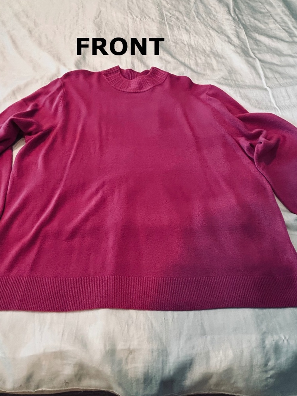 SWEATER, ROUND NECK, DARK FUCHSIA, SIZE 3X, LOVELY DESIGN ON NECK, RIBBED CUFFS